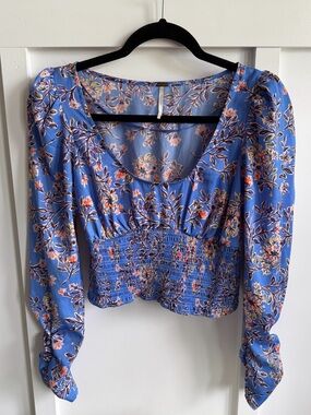 Free People Santiago Printed Top – Boho Floral Smocked Blouse Size XS NWOT